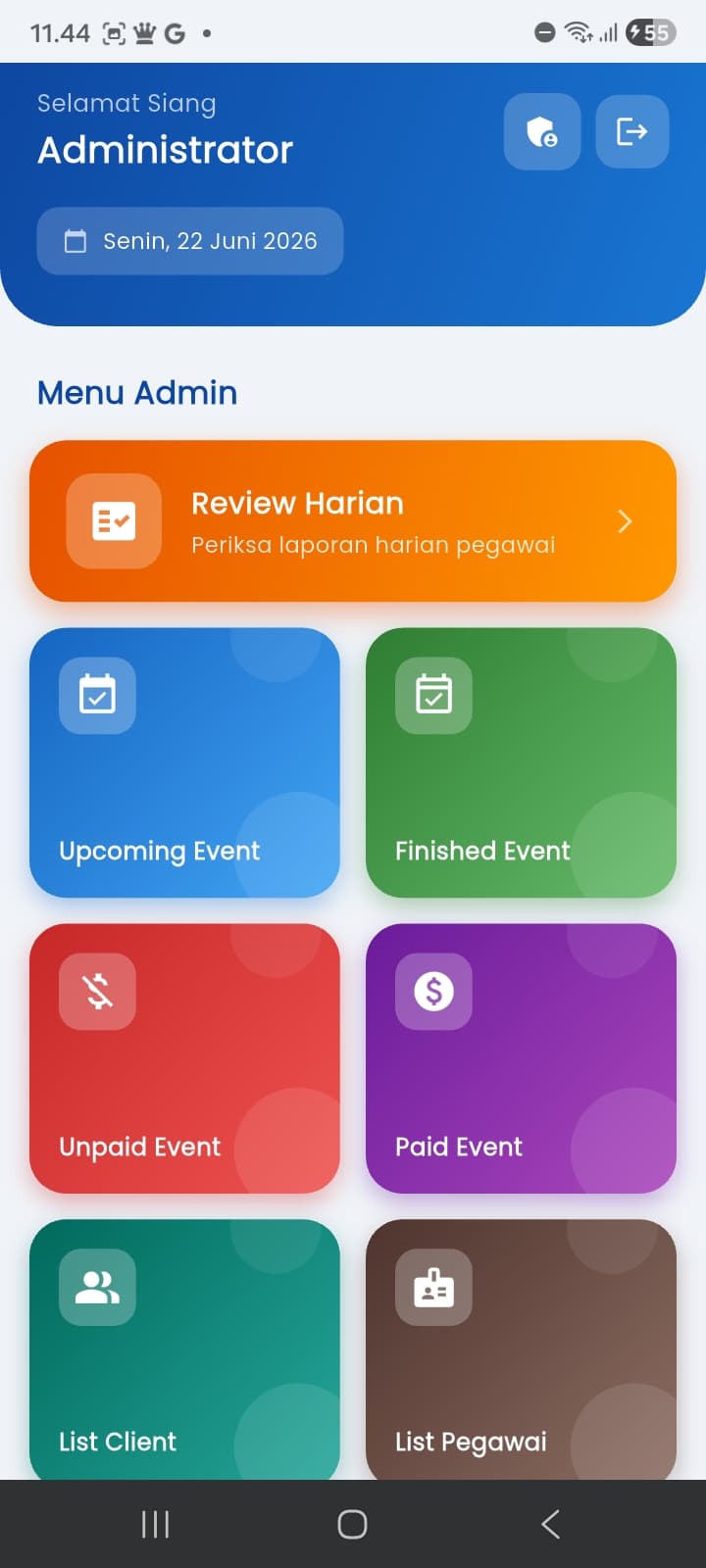 Admin dashboard — events, clients & employees in one menu