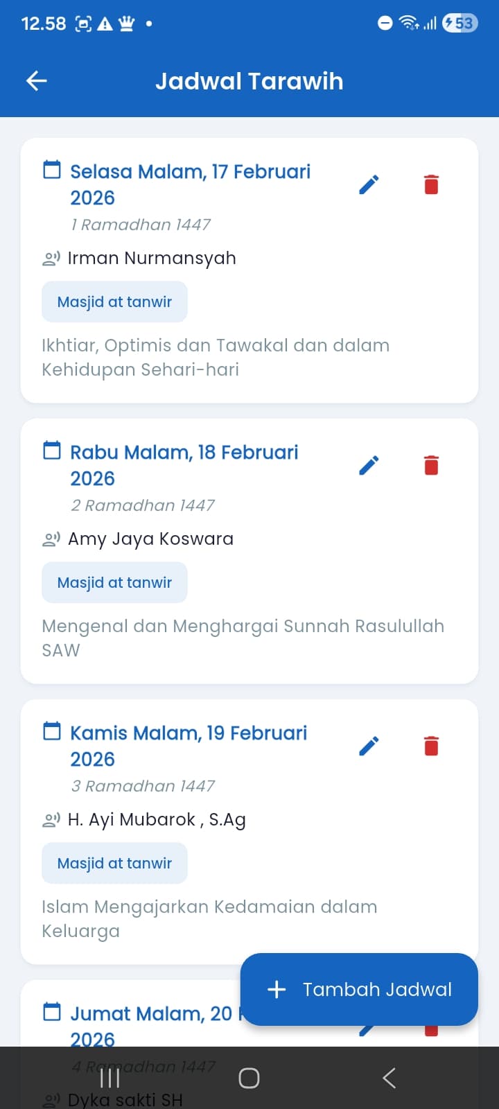 Tarawih Schedule — Gregorian & Hijri dates (Ramadhan 1447)