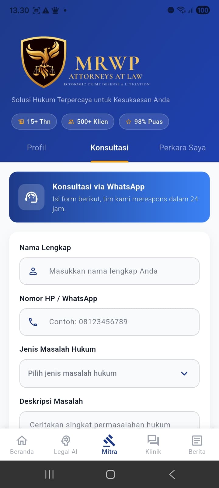 Legal consultation form — the team responds within 24 hours