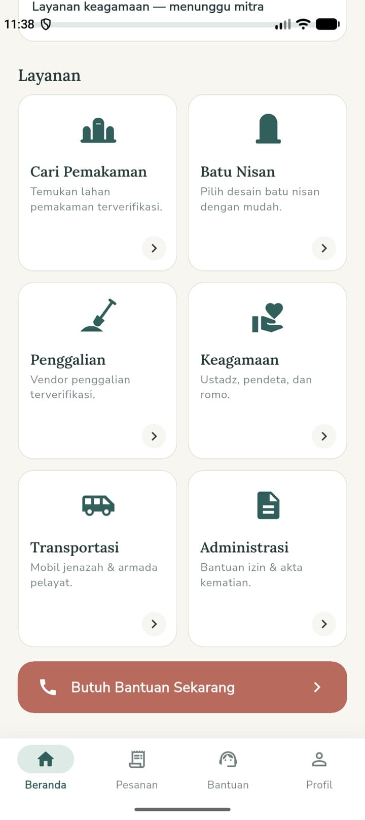 Beranda keluarga — enam layanan dan tombol Butuh Bantuan Sekarang