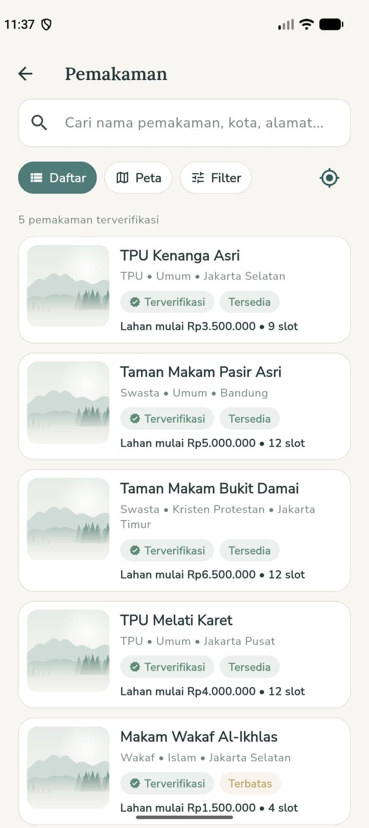 Cari pemakaman — terverifikasi, dengan harga lahan dan slot tersedia