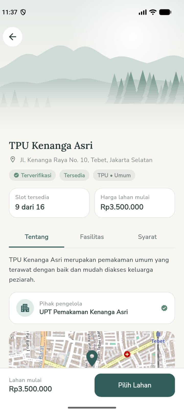 Detail pemakaman — fasilitas, syarat, pengelola, dan lokasi