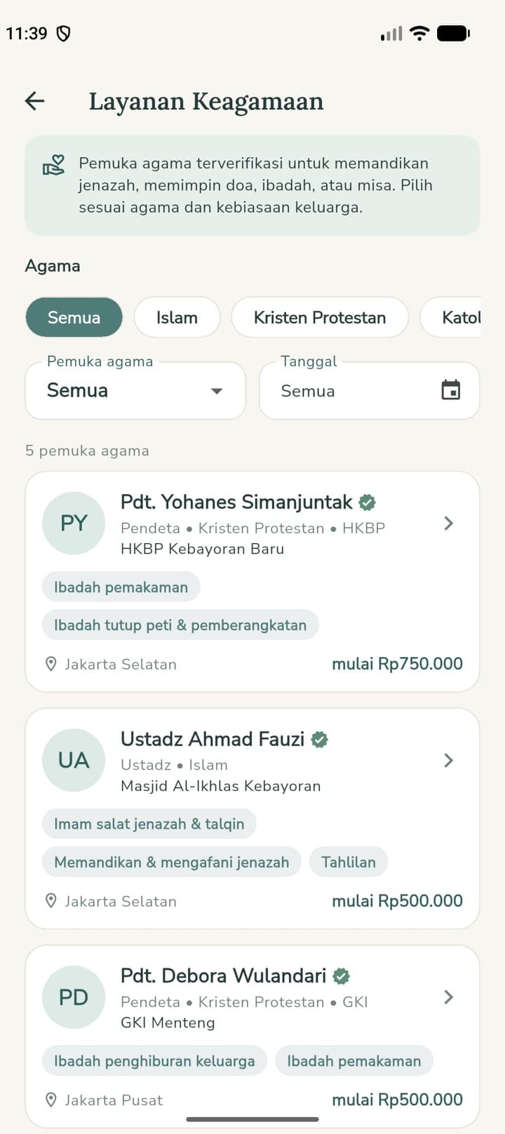 Layanan keagamaan — pemuka agama per agama, gereja, dan lembaga