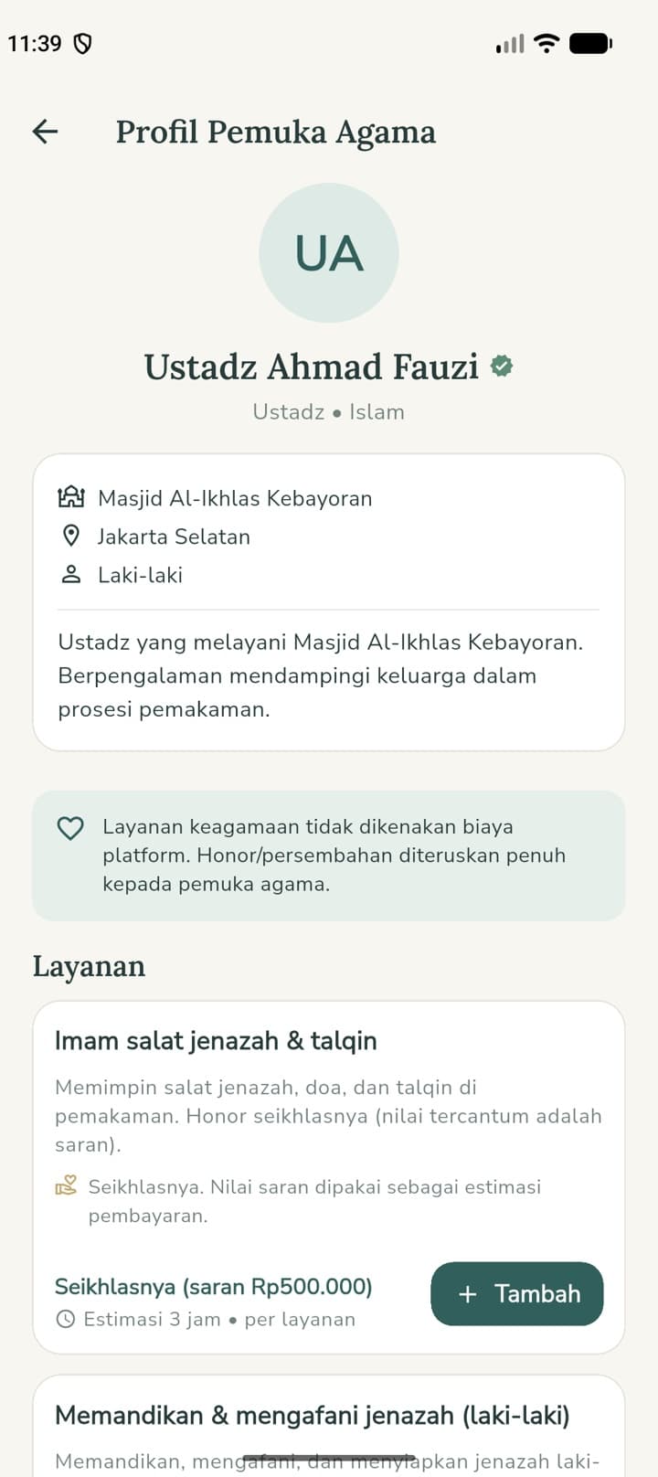 Profil pemuka agama — honor seikhlasnya, tanpa biaya platform
