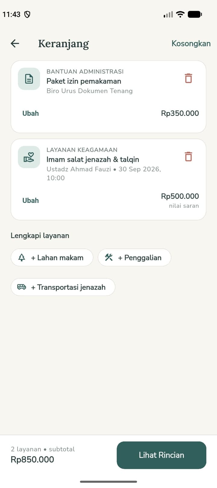 Keranjang — menyarankan layanan yang belum dipilih