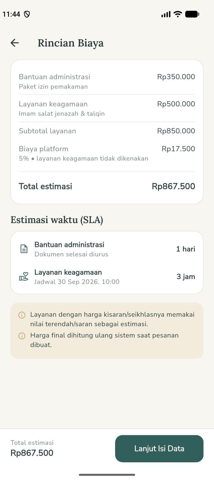 Rincian biaya — biaya platform terpisah dan estimasi waktu tiap layanan