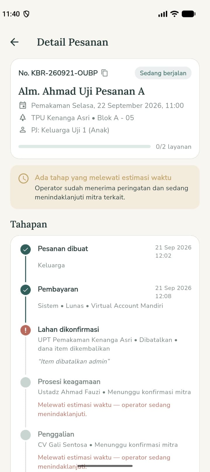 Timeline pesanan — tahap yang lewat tenggat otomatis diteruskan ke operator