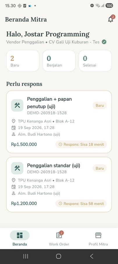 Aplikasi mitra — work order baru dengan sisa waktu untuk merespons