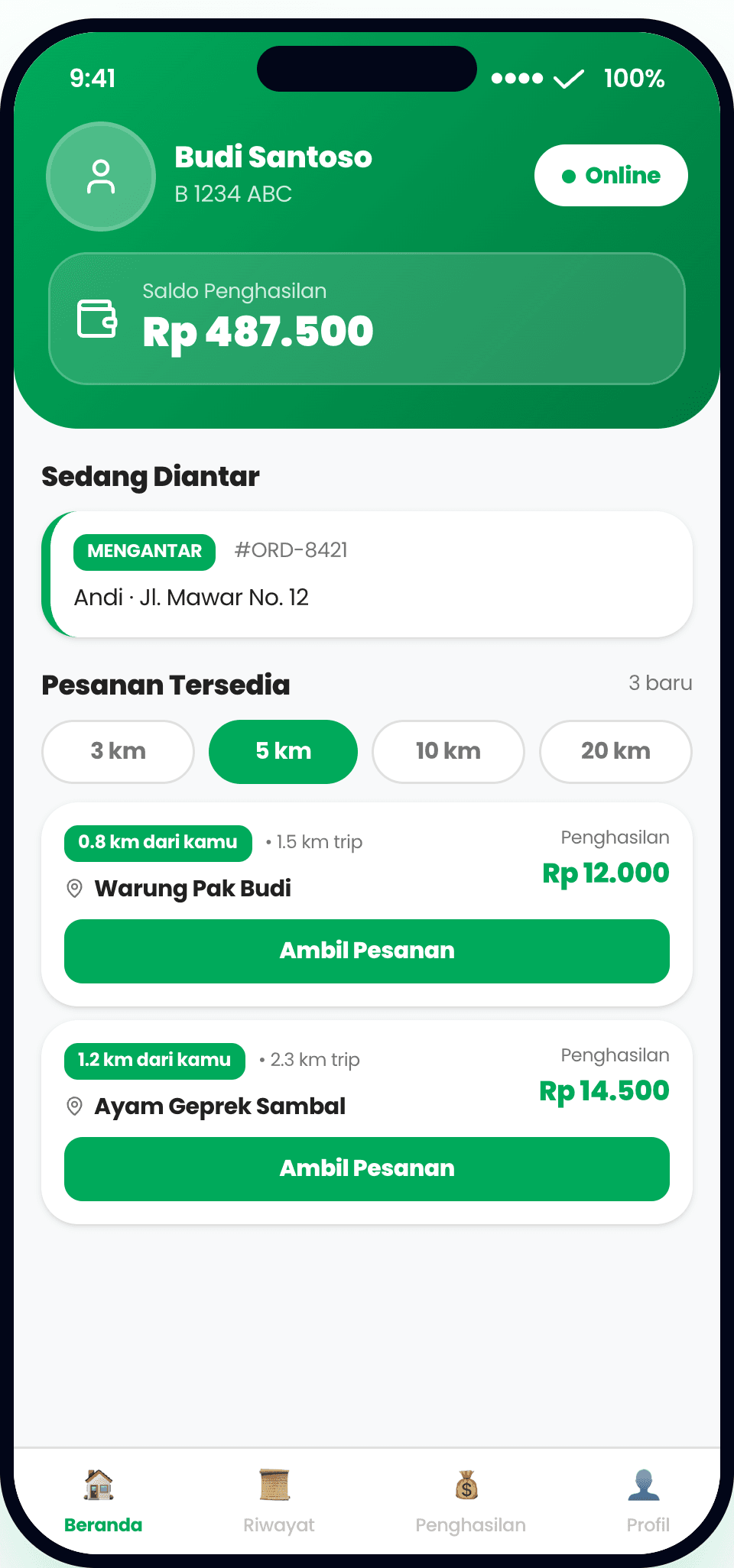 Driver — dashboard: online toggle & nearby orders