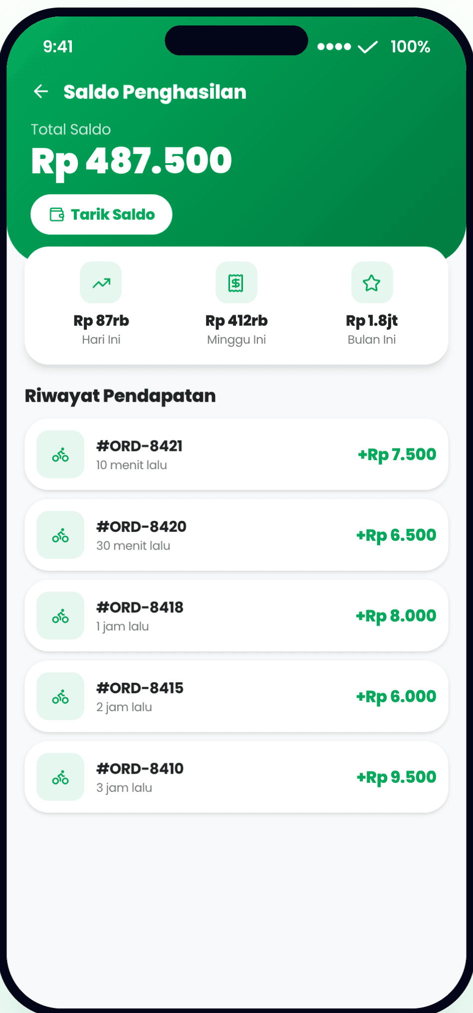 Driver — balance, earnings history & withdrawals