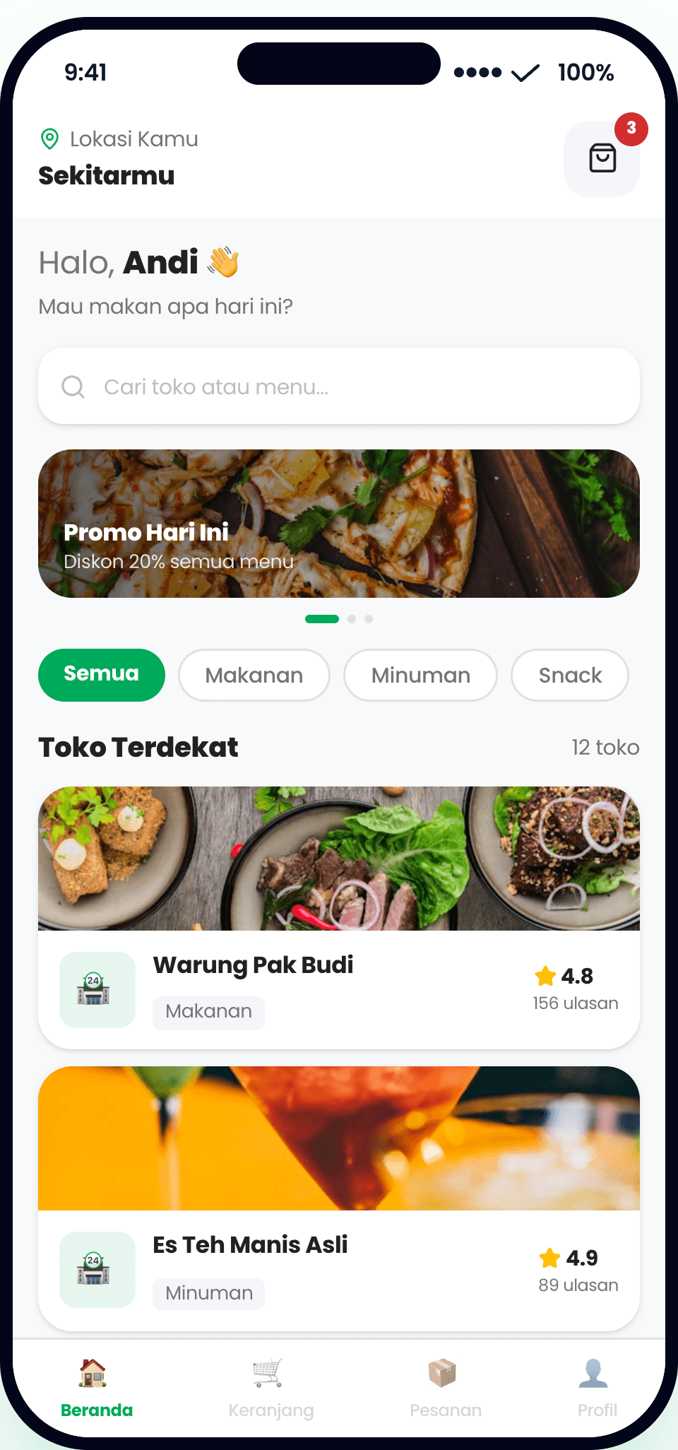 Customer — home: promos, categories & nearby merchants