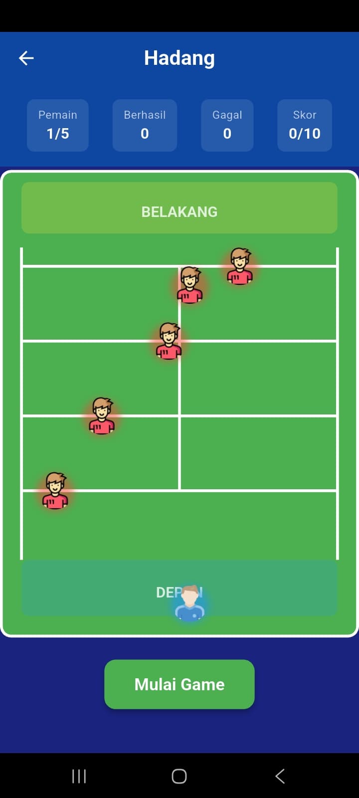 Hadang gameplay — field board, line guards & real-time score
