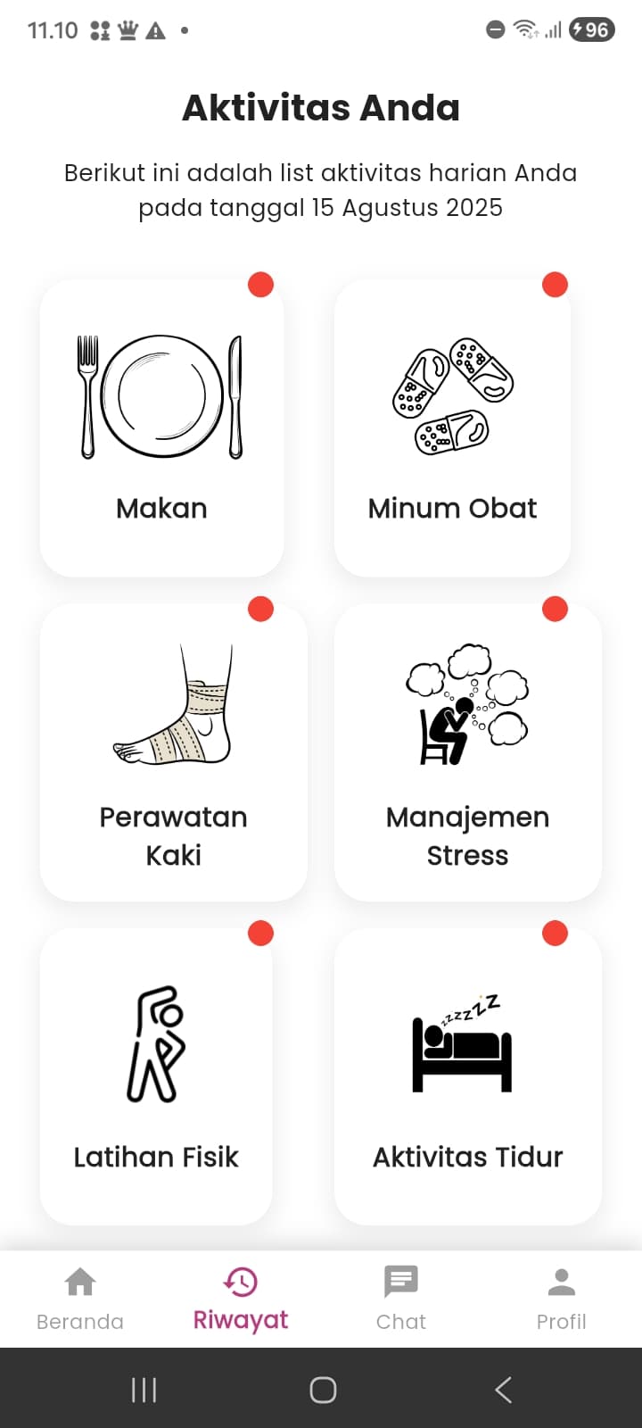 Daily activities — meals, medication, foot care, stress, exercise & sleep
