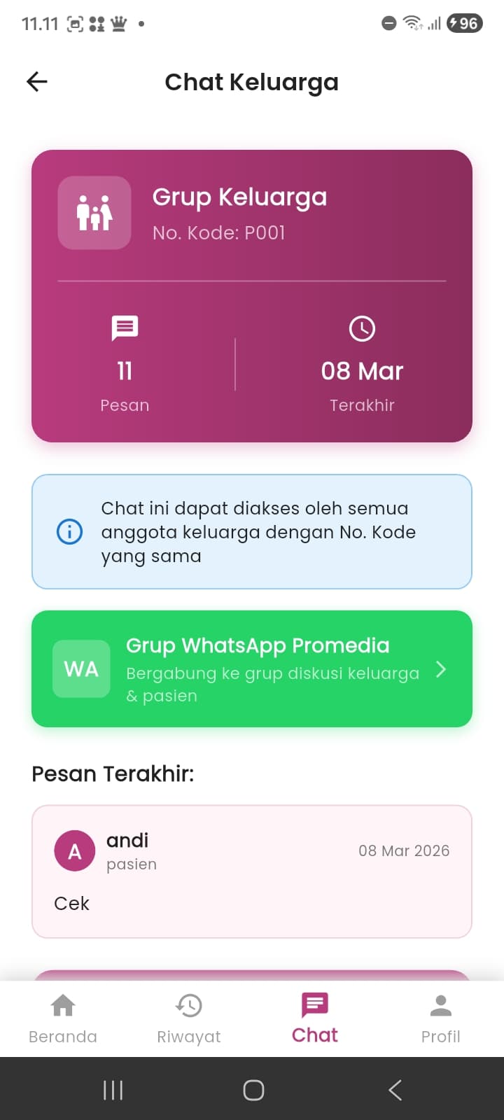 Family chat via Code No. + WhatsApp group link