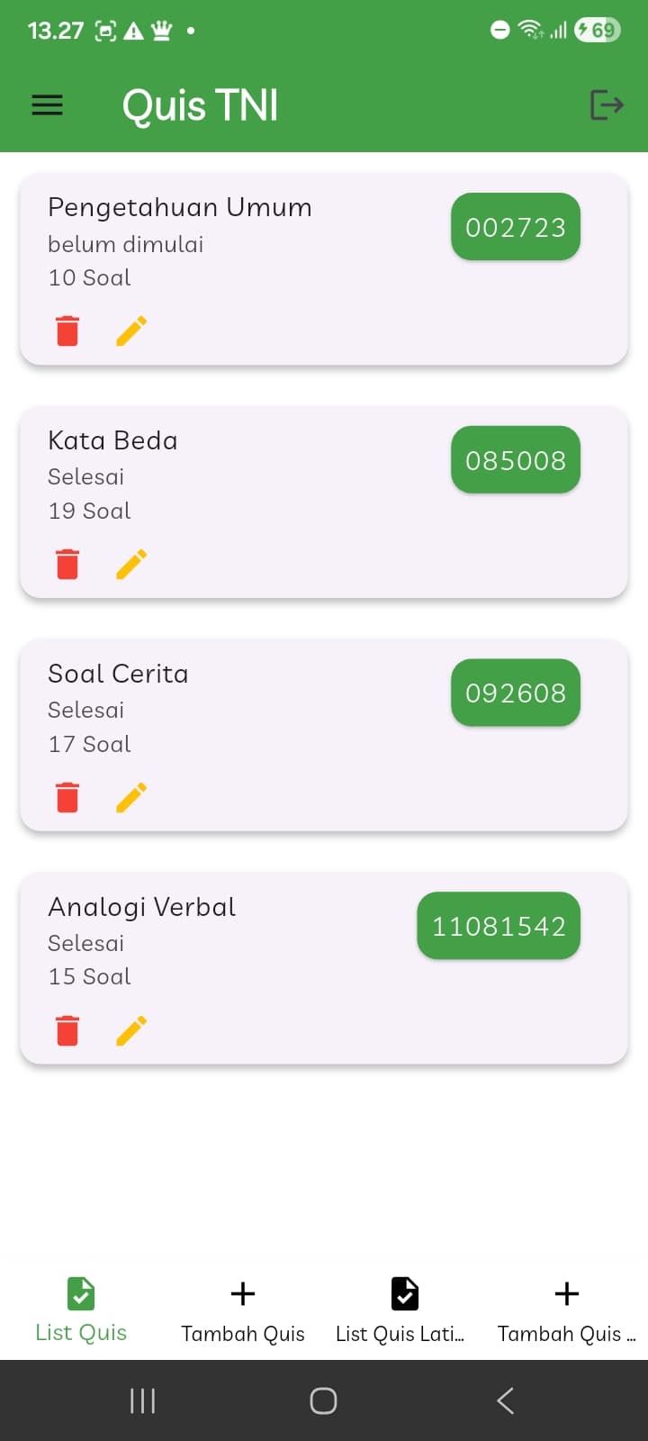 Quiz list (admin) — question banks with codes & question counts, add/edit/delete