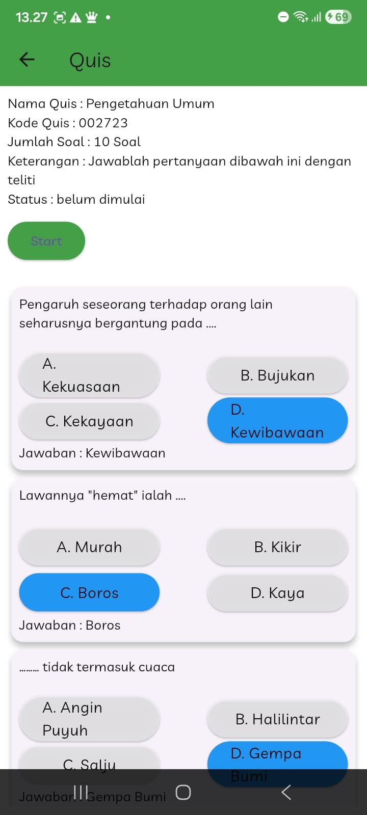 Quiz detail — multiple-choice questions with answer keys