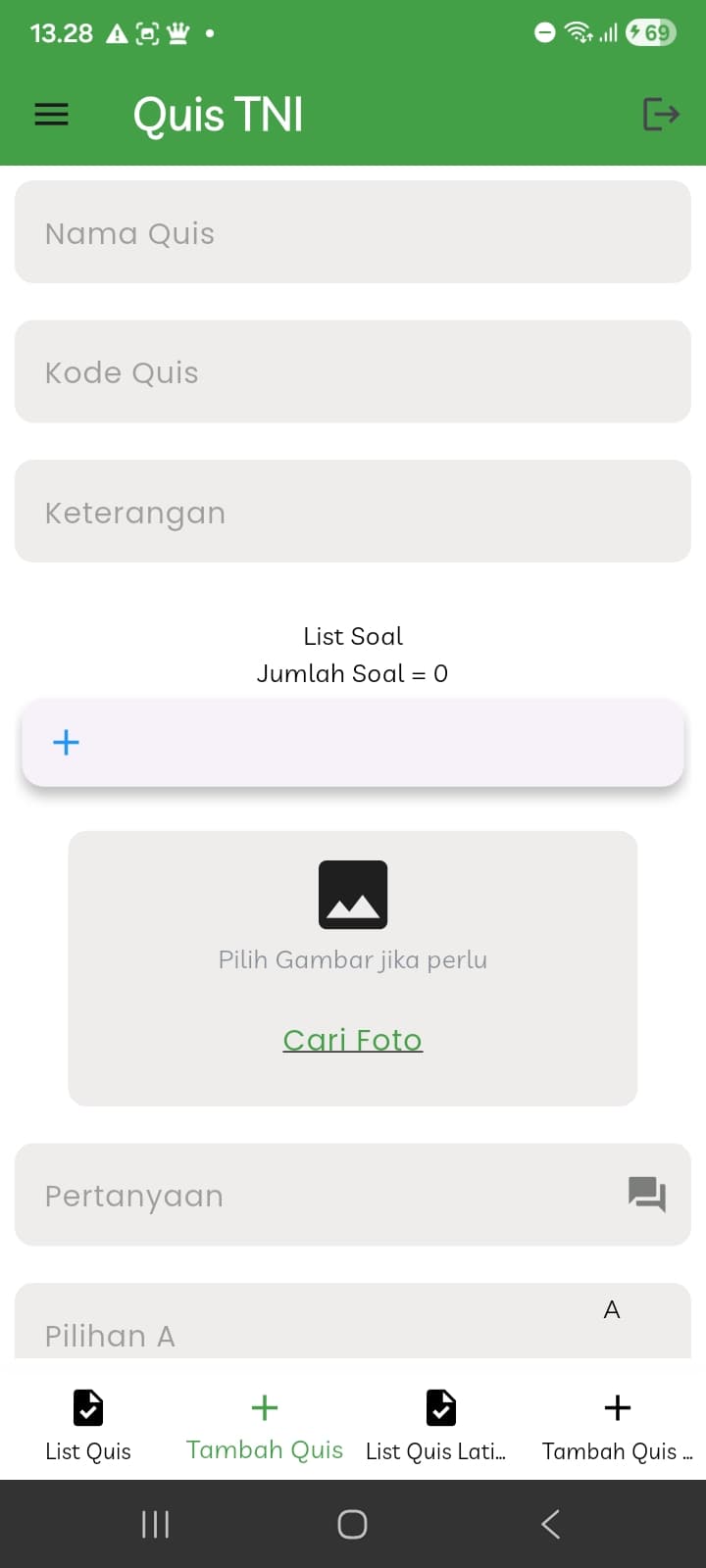 Add Quiz — compose questions, answer keys & supporting images