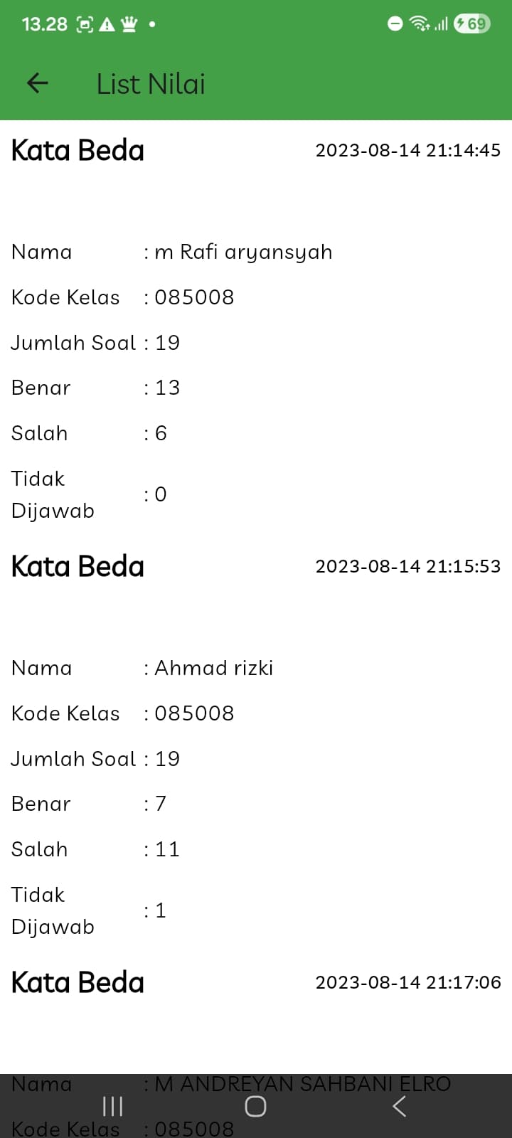 Score list (admin) — correct/wrong/unanswered recap per participant per quiz
