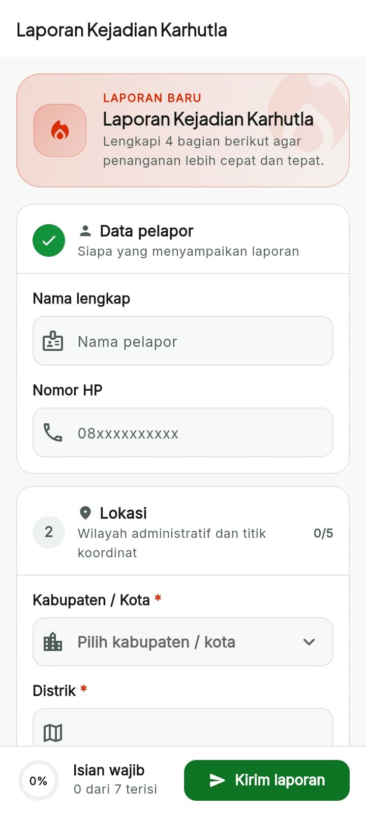 Report a Fire form — reporter, location, photos, and details