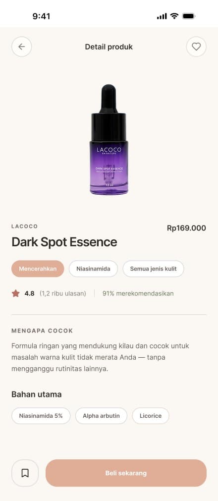Detail produk — alasan kecocokan, bahan utama, dan tautan pembelian
