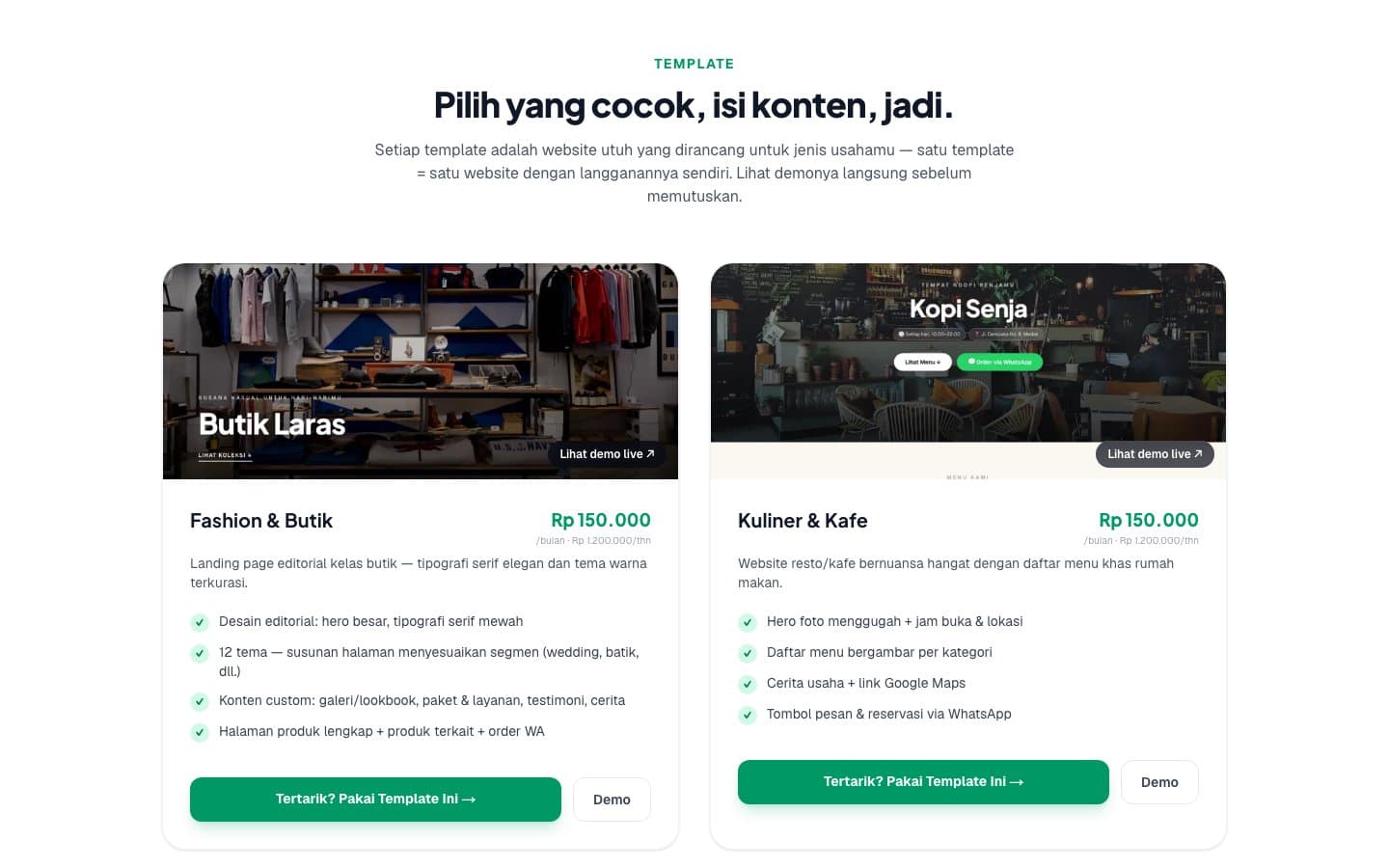 Galeri template — tiap template adalah website utuh dengan langganannya sendiri, lengkap dengan demo live