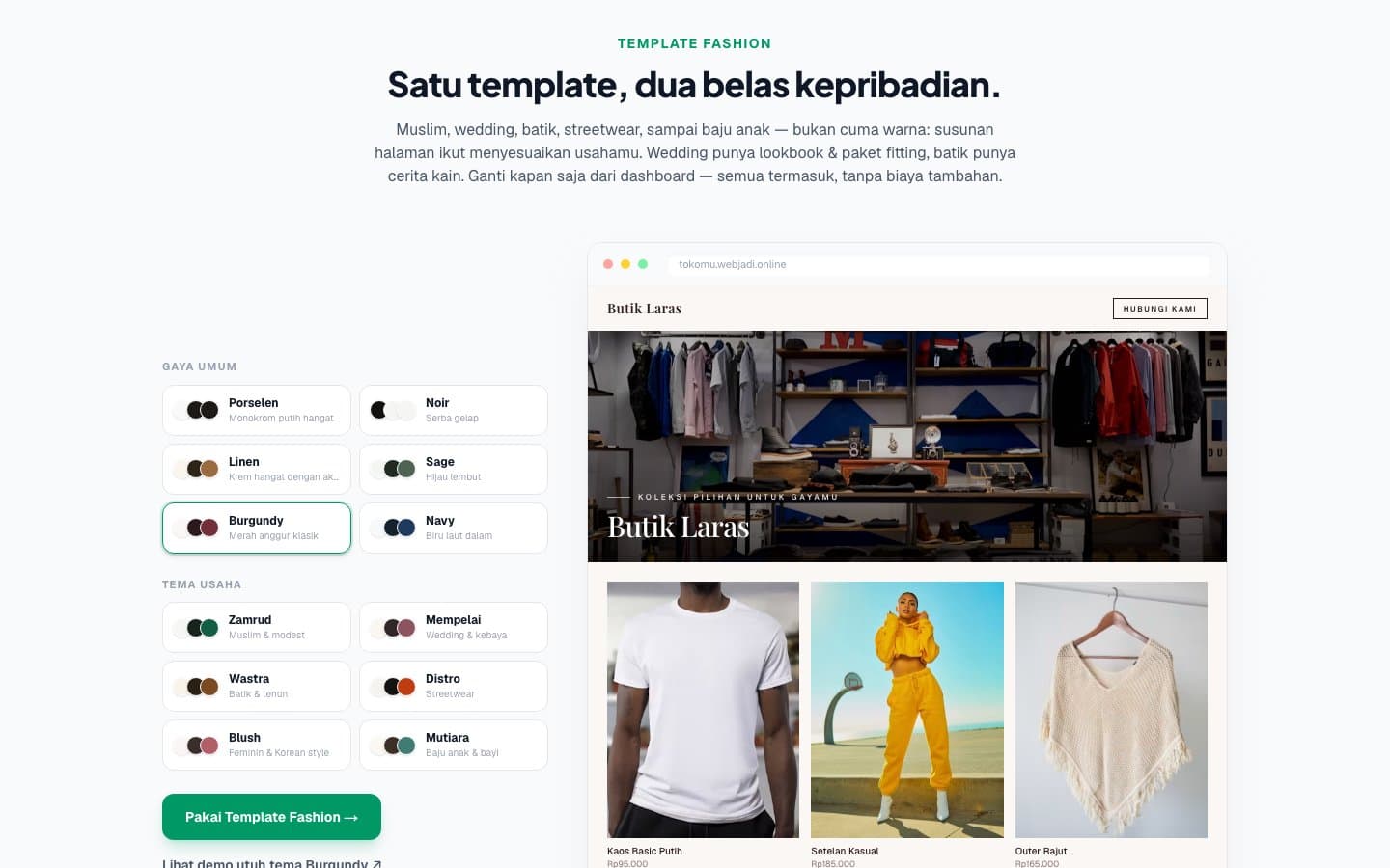 Template Fashion — 12 tema yang mengubah warna sekaligus susunan halaman, bisa diganti kapan saja dari dashboard