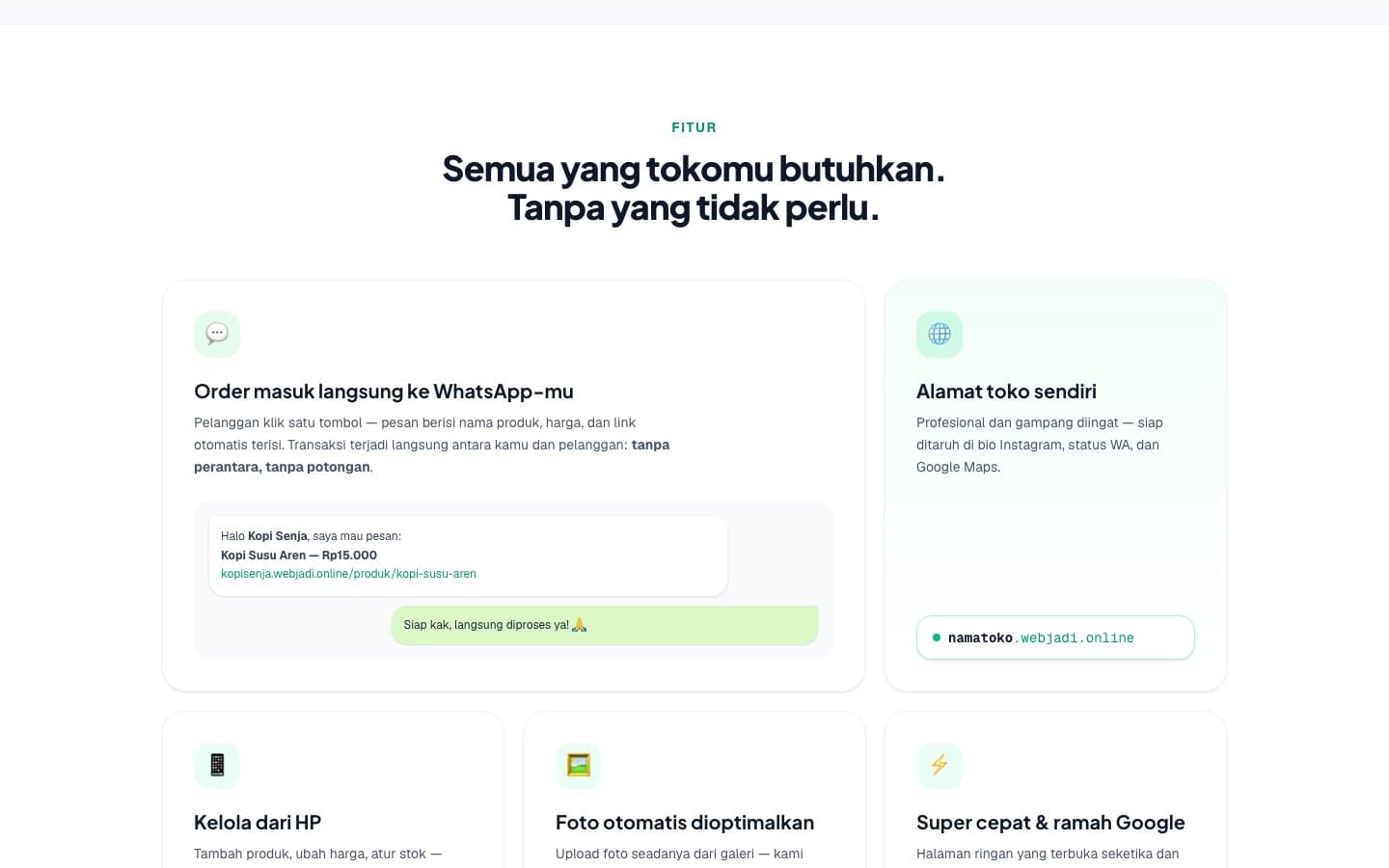 Fitur — order masuk ke WhatsApp pemilik, alamat toko sendiri, kelola dari HP