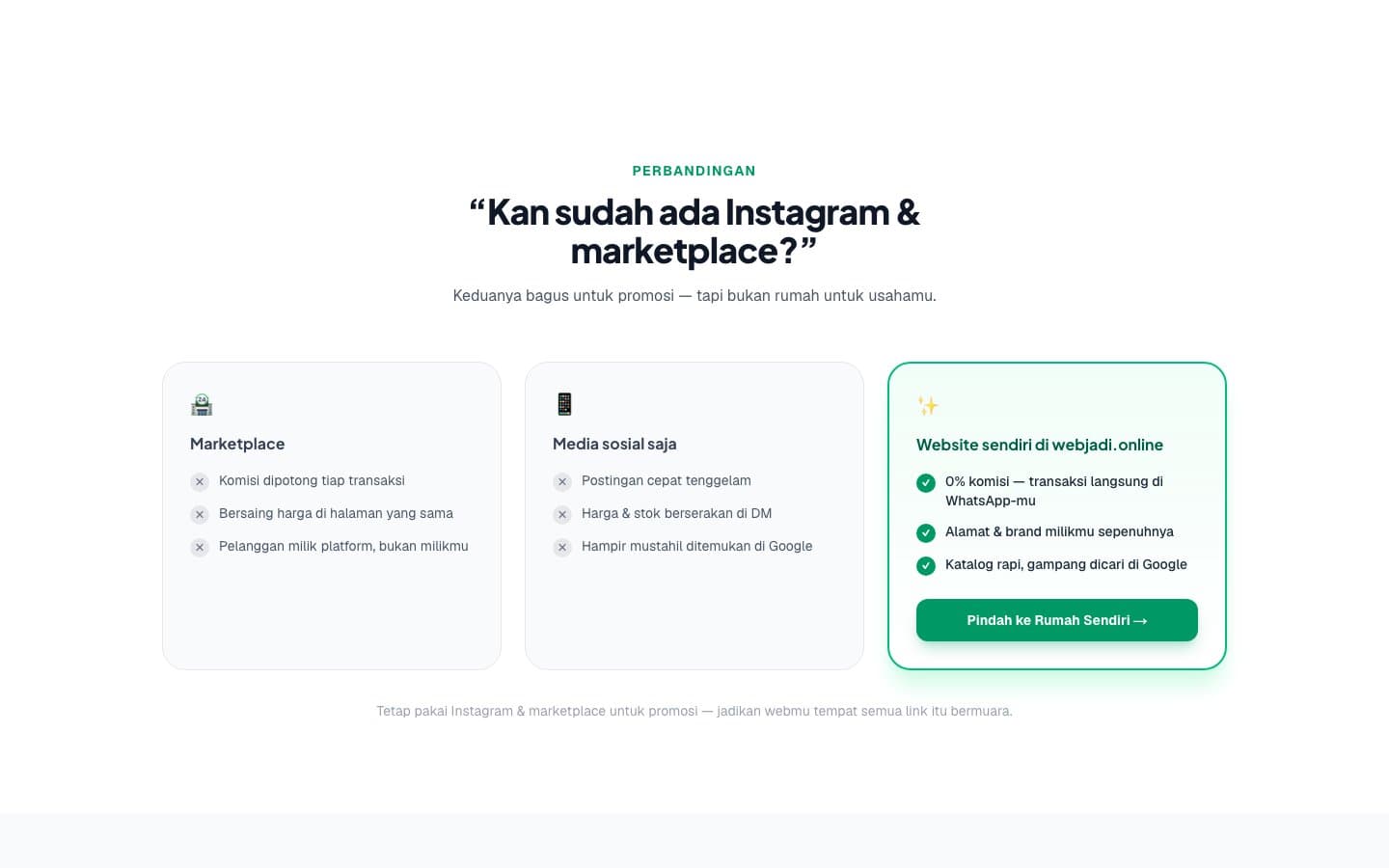 Perbandingan jujur dengan marketplace dan media sosial saja