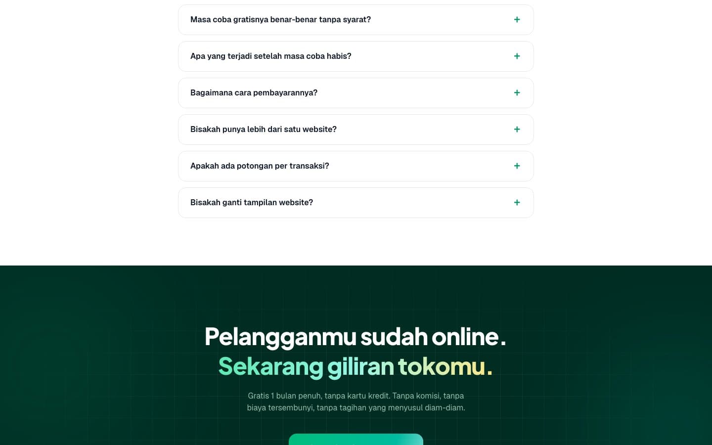 Harga — coba gratis sebulan, lalu Rp150.000/bulan atau Rp1.200.000/tahun per website
